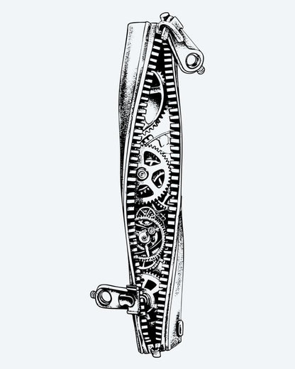 Steampunk Gears Band semi-permanent tattoo design by INKON – steampunk, mechanical, gears, cogs, horizontal illustration, 4 x 8 in (11x21cm), available at inkon.co