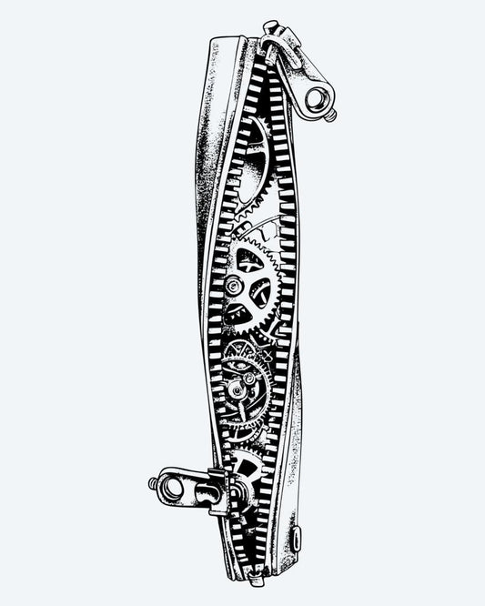 Steampunk Gears Band semi-permanent tattoo design by INKON – steampunk, mechanical, gears, cogs, horizontal illustration, 4 x 8 in (11x21cm), available at inkon.co