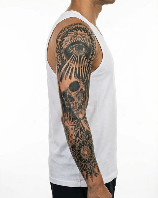 INKON Skull, All-Seeing Eye & Mandala semi-permanent tattoo applied on a man – 8 x 20 in (20x50cm) design, realistic ink look, lasts 10 days