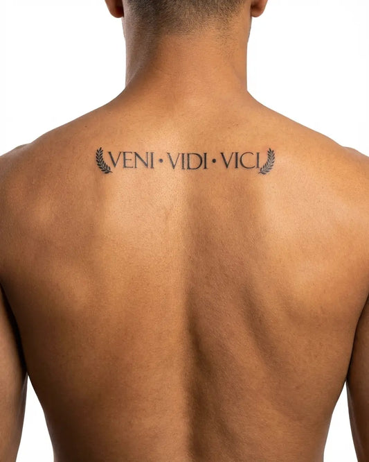 INKON Veni Vidi Vici semi-permanent tattoo applied on a man – 4 x 7 in (10x17cm) design, realistic ink look, lasts 10 days