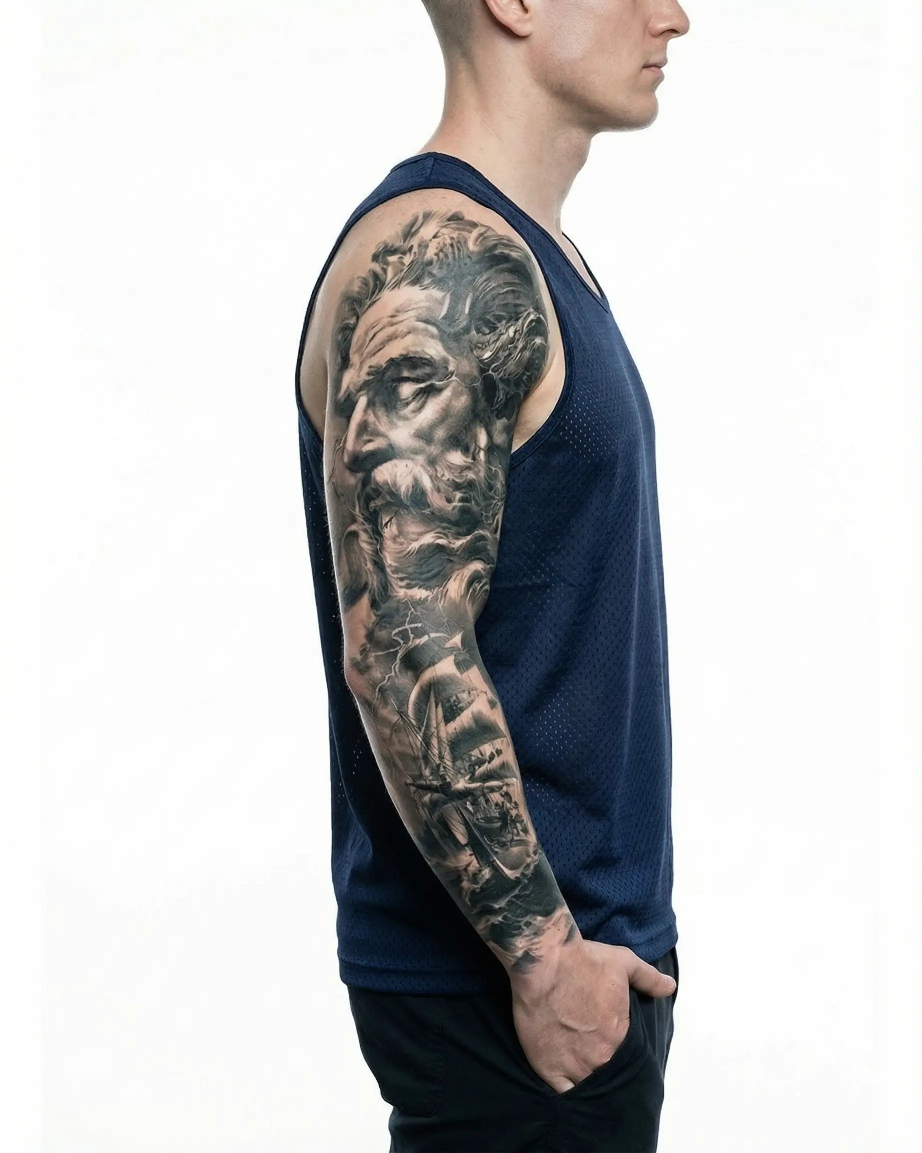 INKON Poseidon & Storm Ship semi-permanent tattoo applied on a man – 8 x 20 in (20x50cm) design, realistic ink look, lasts 10 days