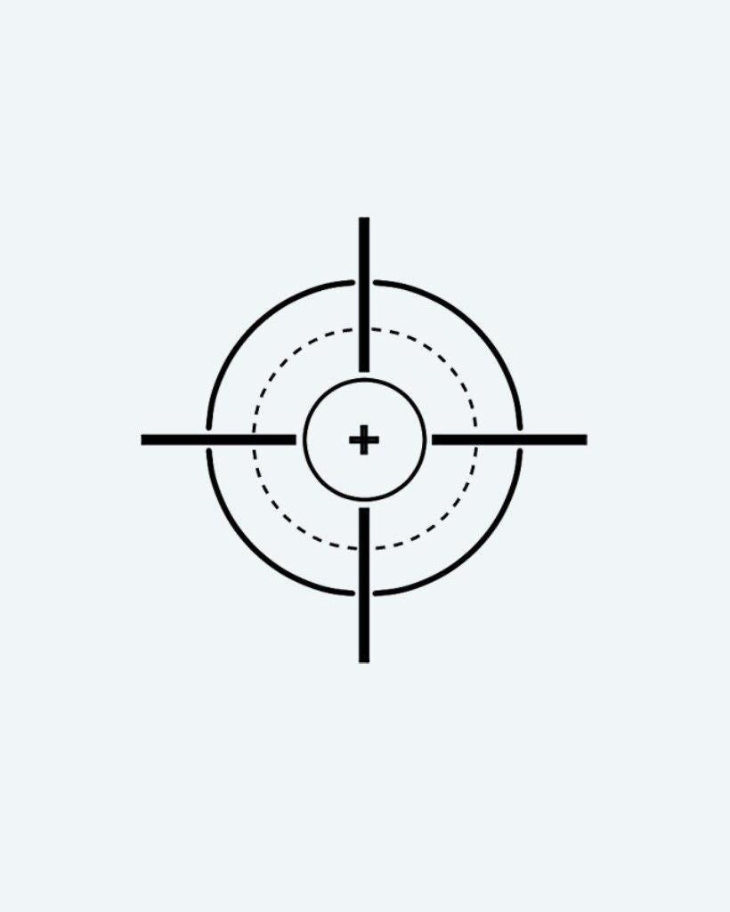 Tactical Crosshair semi-permanent tattoo design by INKON – minimalist, linework, constructs, precise, tactical illustration, 2 x 2 in (5x5cm), available at inkon.co