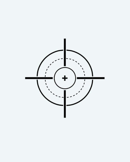 Tactical Crosshair semi-permanent tattoo design by INKON – minimalist, linework, constructs, precise, tactical illustration, 2 x 2 in (5x5cm), available at inkon.co