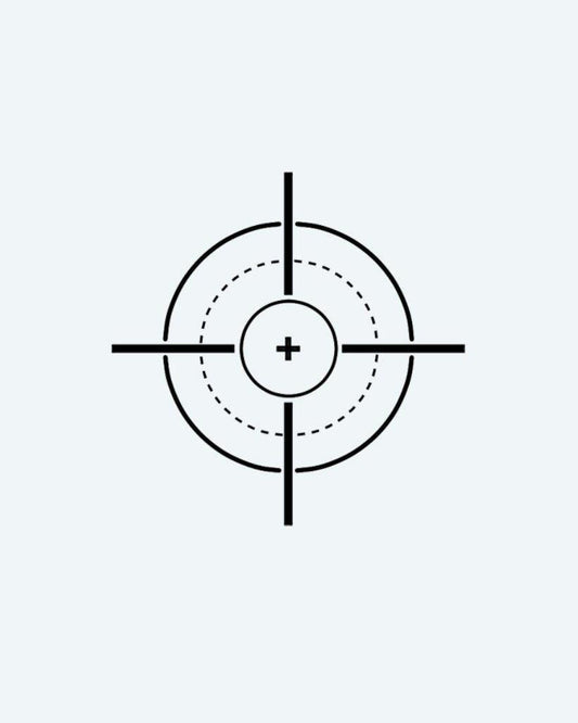 Tactical Crosshair semi-permanent tattoo design by INKON – minimalist, linework, constructs, precise, tactical illustration, 2 x 2 in (5x5cm), available at inkon.co