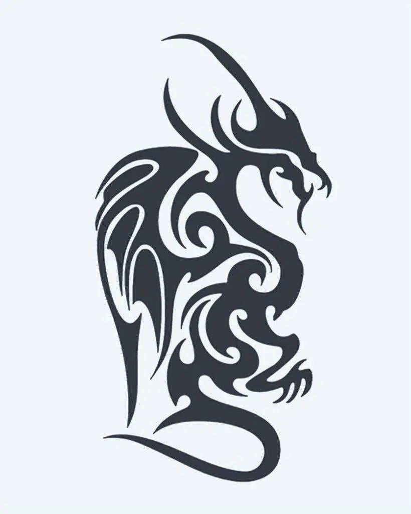 Winged Dragon semi-permanent tattoo design by INKON – majestic, tribal, dragon, ornate, wings illustration, 4 x 7 in (10x17cm), available at inkon.co