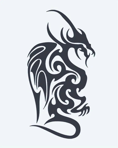 Winged Dragon semi-permanent tattoo design by INKON – majestic, tribal, dragon, ornate, wings illustration, 4 x 7 in (10x17cm), available at inkon.co