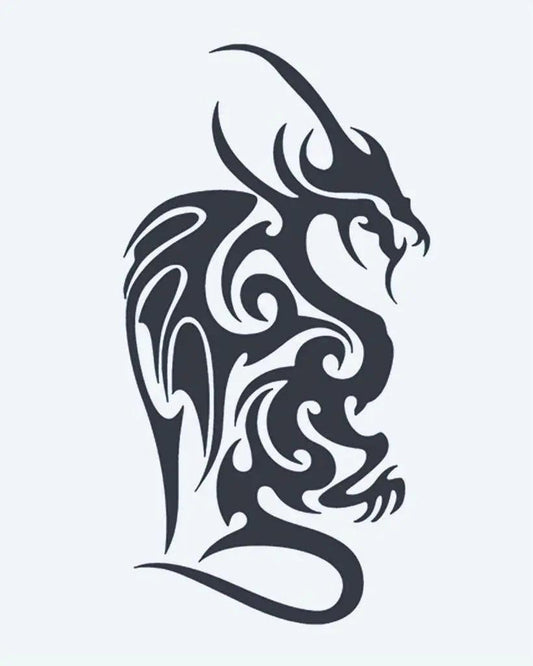 Winged Dragon semi-permanent tattoo design by INKON – majestic, tribal, dragon, ornate, wings illustration, 4 x 7 in (10x17cm), available at inkon.co
