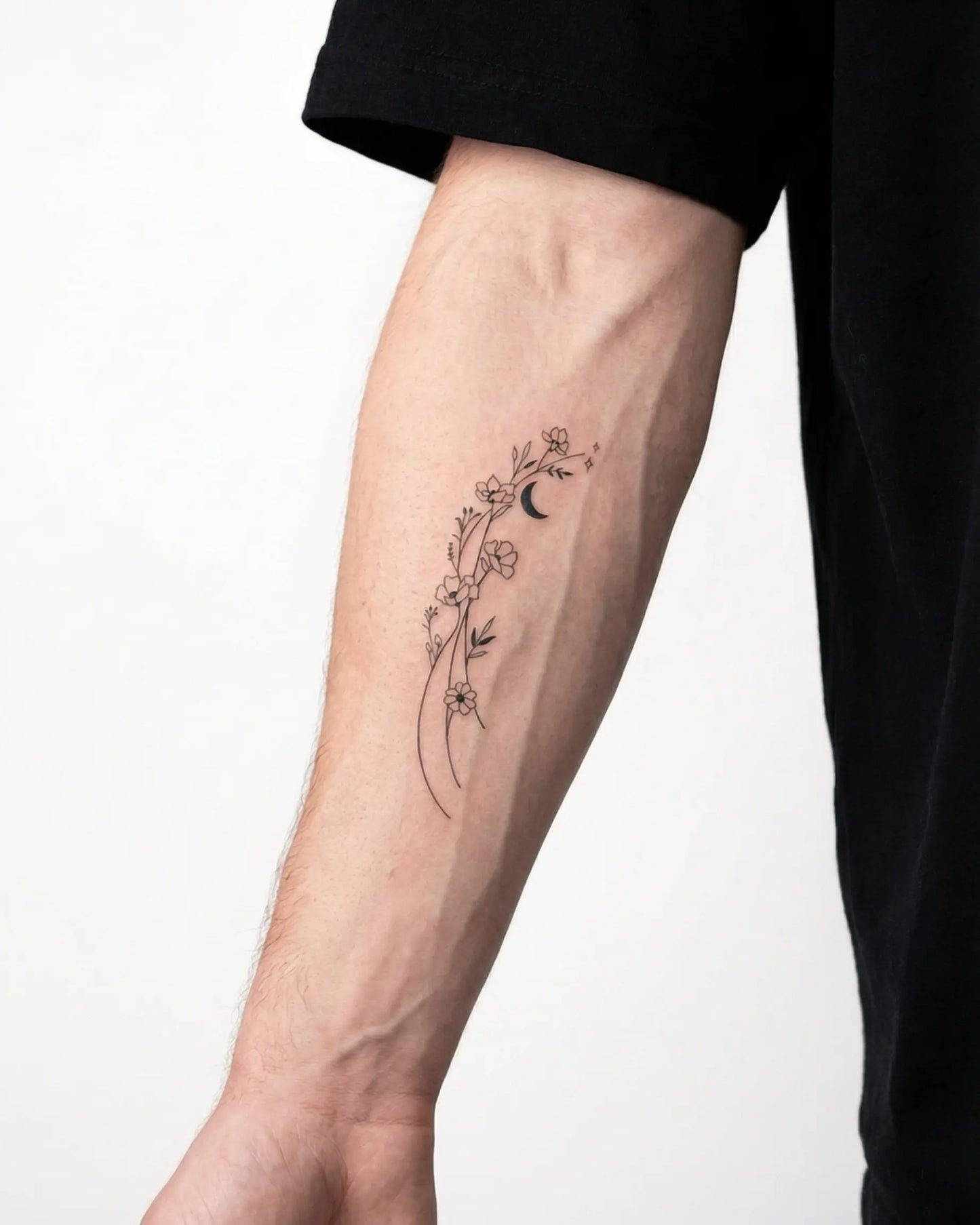 INKON Floral Moon Vine semi-permanent tattoo applied on a man – 3 x 4 in (6x11cm) design, realistic ink look, lasts 10 days