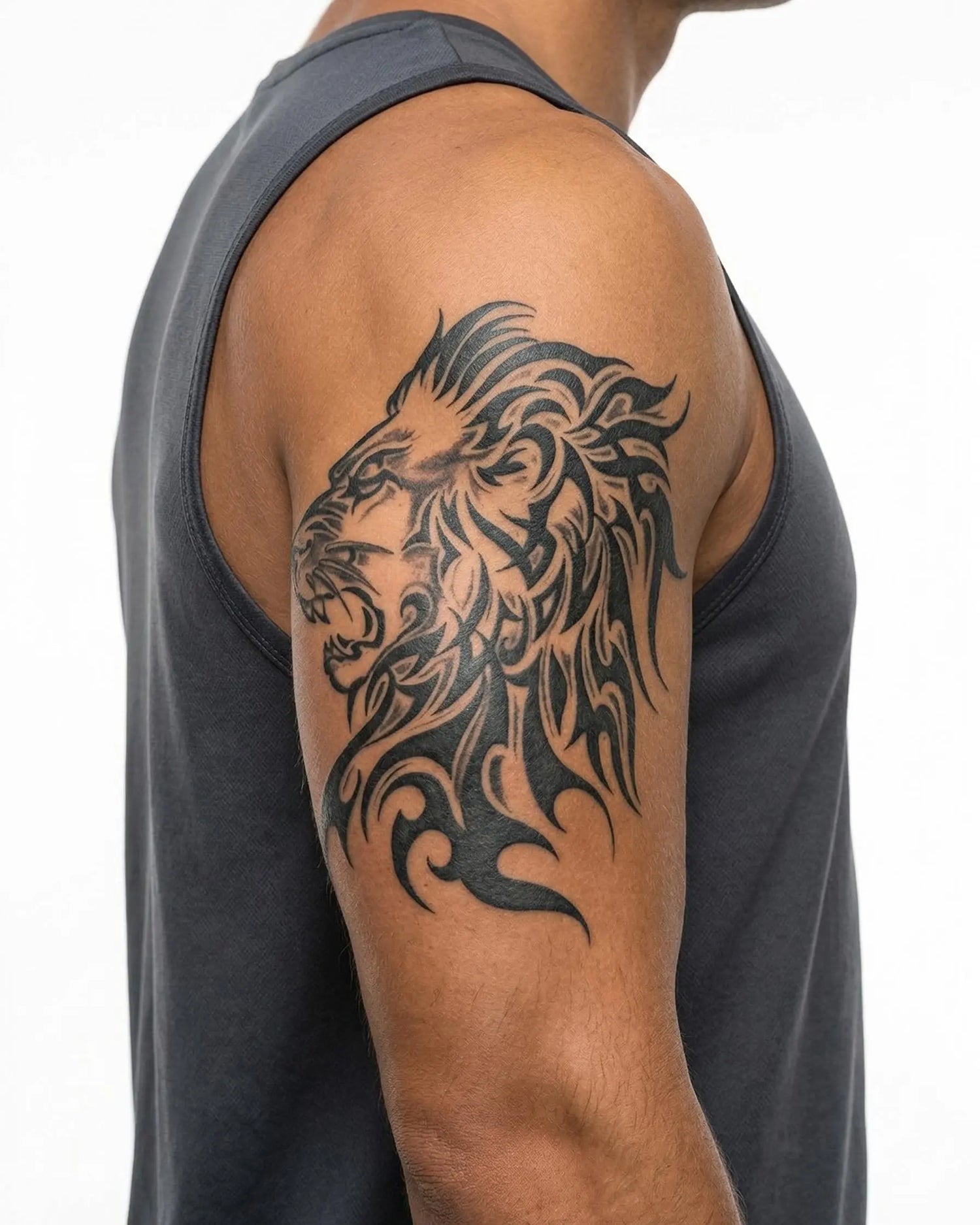 INKON Tribal Lion Profile semi-permanent tattoo applied on a man – 4 x 7 in (10x17cm) design, realistic ink look, lasts 10 days