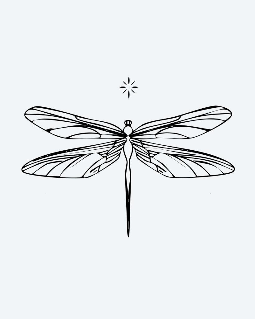 Dragonfly semi-permanent tattoo design by INKON – dragonfly, wing, patterns, small, star illustration, 2 x 2 in (5x5cm), available at inkon.co