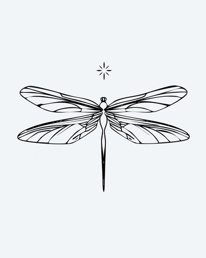 Dragonfly semi-permanent tattoo design by INKON – dragonfly, wing, patterns, small, star illustration, 2 x 2 in (5x5cm), available at inkon.co