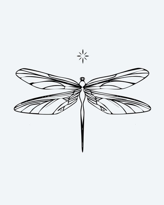 Dragonfly semi-permanent tattoo design by INKON – dragonfly, wing, patterns, small, star illustration, 2 x 2 in (5x5cm), available at inkon.co