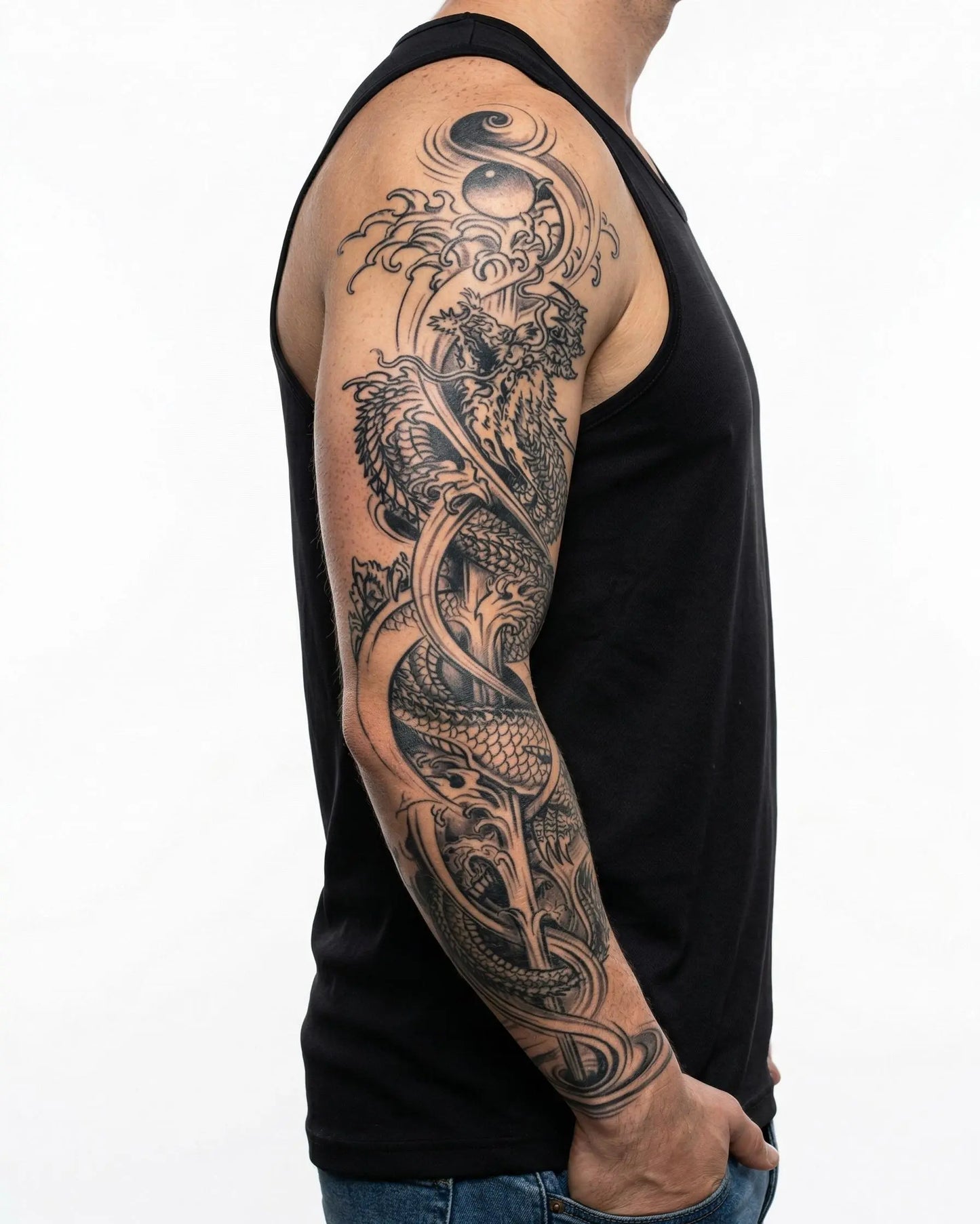 INKON Twin Dragons & Yin Yang semi-permanent tattoo applied on a man – 8 x 20 in (20x50cm) design, realistic ink look, lasts 10 days
