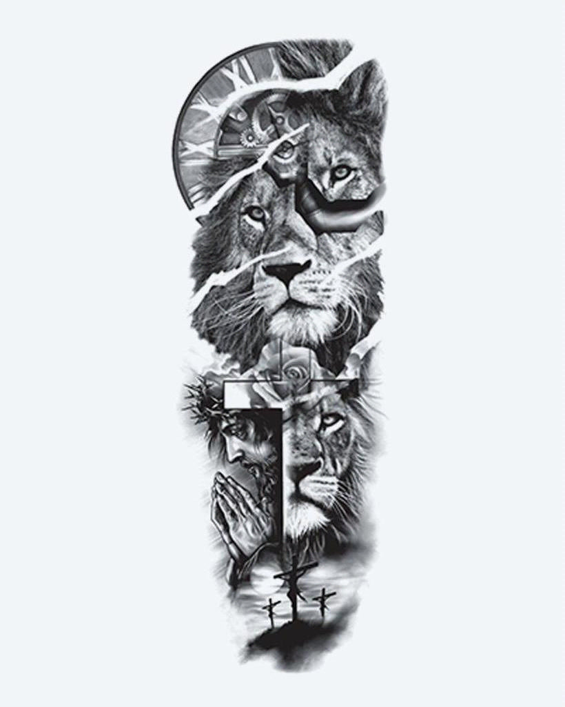 Lion, Cross & Praying Hands semi-permanent tattoo design by INKON – faith, full, sleeve, lions, cross illustration, 8 x 20 in (20x50cm), available at inkon.co