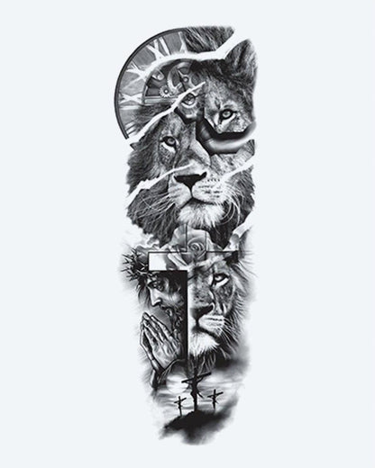 Lion, Cross & Praying Hands semi-permanent tattoo design by INKON – faith, full, sleeve, lions, cross illustration, 8 x 20 in (20x50cm), available at inkon.co