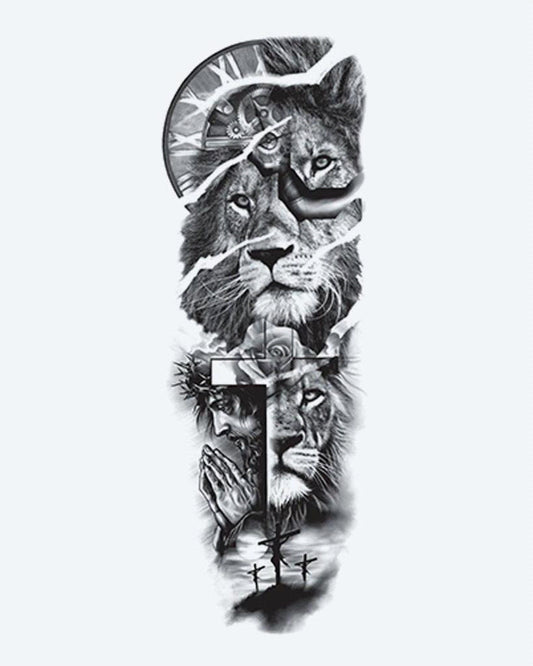 Lion, Cross & Praying Hands semi-permanent tattoo design by INKON – faith, full, sleeve, lions, cross illustration, 8 x 20 in (20x50cm), available at inkon.co