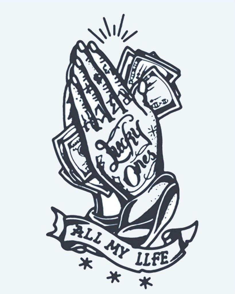 Lucky Ones Praying Hands semi-permanent tattoo design by INKON – praying, hands, holding, cash, lettering illustration, 4 x 7 in (10x17cm), available at inkon.co