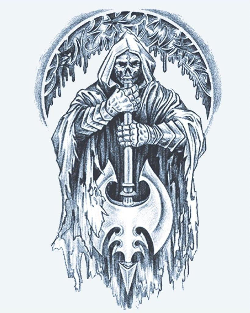 Grim Reaper & Axe semi-permanent tattoo design by INKON – hooded, skeleton, reaper, wielding, massive illustration, 4 x 7 in (10x17cm), available at inkon.co
