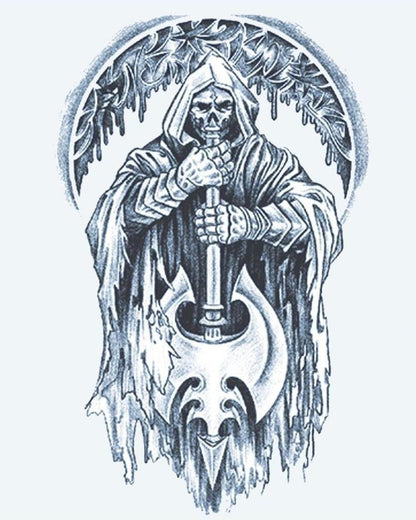 Grim Reaper & Axe semi-permanent tattoo design by INKON – hooded, skeleton, reaper, wielding, massive illustration, 4 x 7 in (10x17cm), available at inkon.co