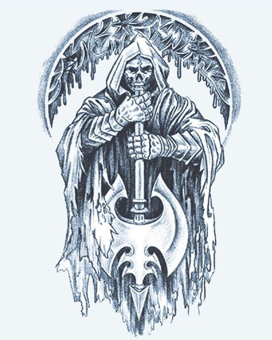 Grim Reaper & Axe semi-permanent tattoo design by INKON – hooded, skeleton, reaper, wielding, massive illustration, 4 x 7 in (10x17cm), available at inkon.co