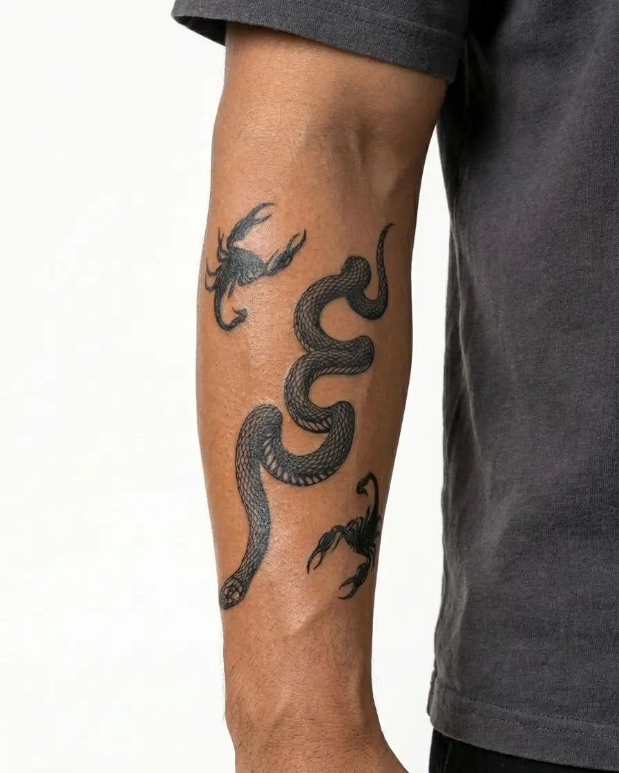INKON Snake & Scorpions semi-permanent tattoo applied on a man – 4 x 7 in (10x17cm) design, realistic ink look, lasts 10 days