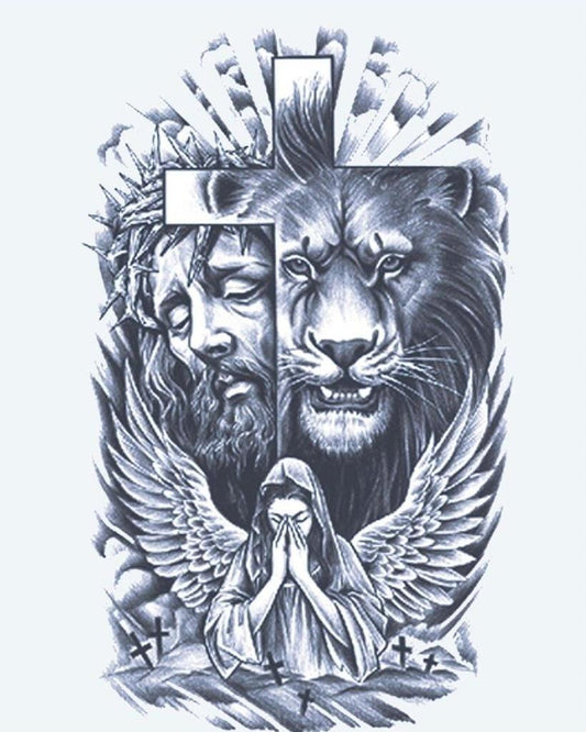 Faith: Lion, Cross & Angel semi-permanent tattoo design by INKON – split, composition, spiritual, figure, lion illustration, 4 x 7 in (10x17cm), available at inkon.co