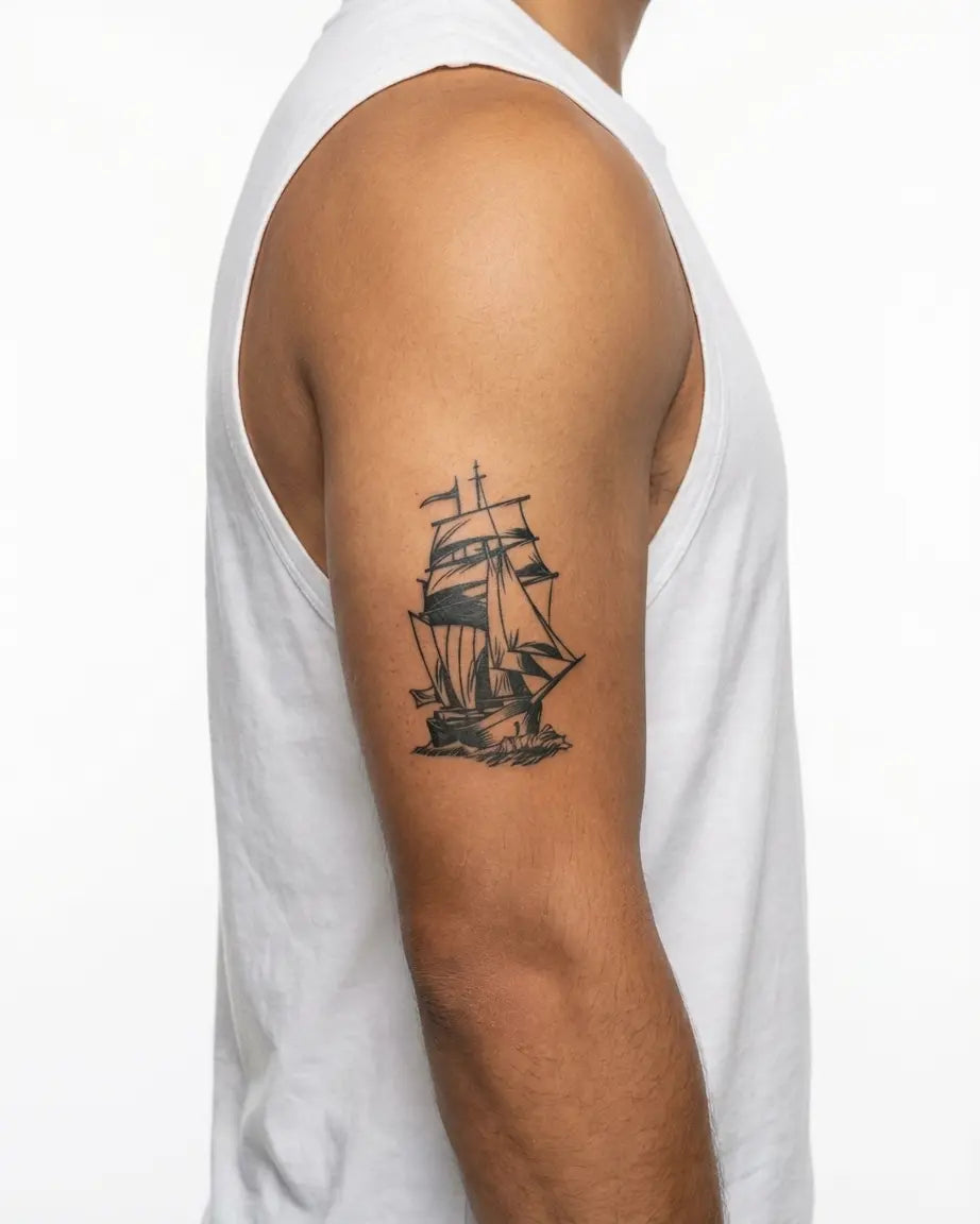 INKON Sailing Ship semi-permanent tattoo applied on a man – 4 x 7 in (10x17cm) design, realistic ink look, lasts 10 days