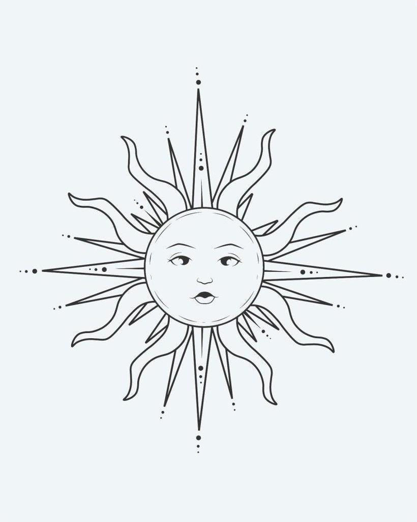 Celestial Sun Face 2 semi-permanent tattoo design by INKON – ornate, serene, human, face, wavy illustration, 2 x 2 in (5x5cm), available at inkon.co