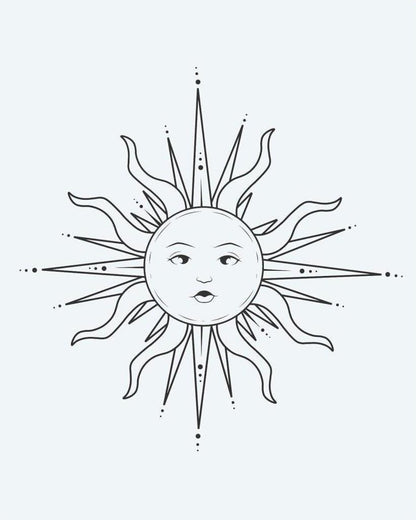 Celestial Sun Face 2 semi-permanent tattoo design by INKON – ornate, serene, human, face, wavy illustration, 2 x 2 in (5x5cm), available at inkon.co