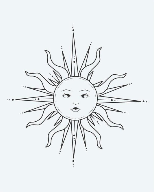Celestial Sun Face 2 semi-permanent tattoo design by INKON – ornate, serene, human, face, wavy illustration, 2 x 2 in (5x5cm), available at inkon.co