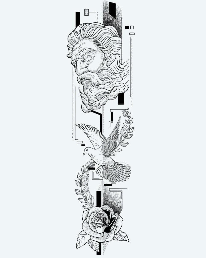Greek God, Dove & Rose semi-permanent tattoo design by INKON – neoclassical, combining, greek, bust, soaring illustration, 8 x 20 in (20x50cm), available at inkon.co