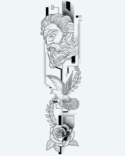 Greek God, Dove & Rose semi-permanent tattoo design by INKON – neoclassical, combining, greek, bust, soaring illustration, 8 x 20 in (20x50cm), available at inkon.co