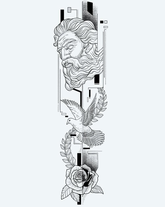 Greek God, Dove & Rose semi-permanent tattoo design by INKON – neoclassical, combining, greek, bust, soaring illustration, 8 x 20 in (20x50cm), available at inkon.co