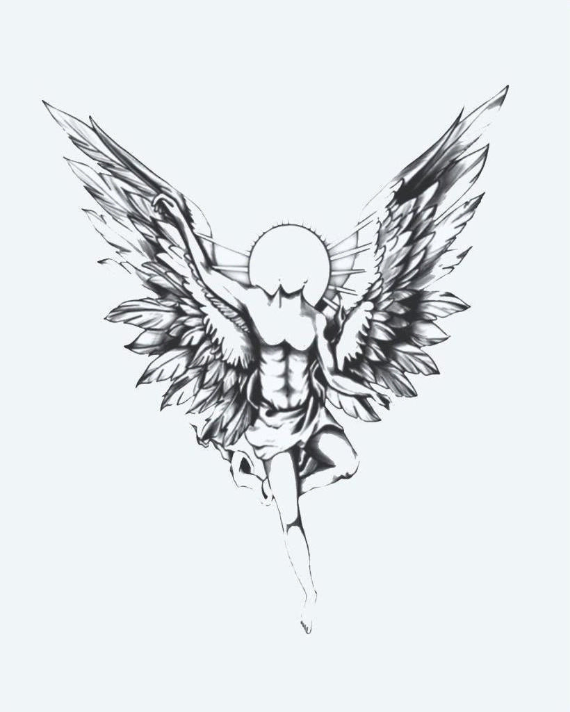 Guardian Angel semi-permanent tattoo design by INKON – majestic, guardian, angel, spread, wings illustration, 4 x 8 in (11x21cm), available at inkon.co