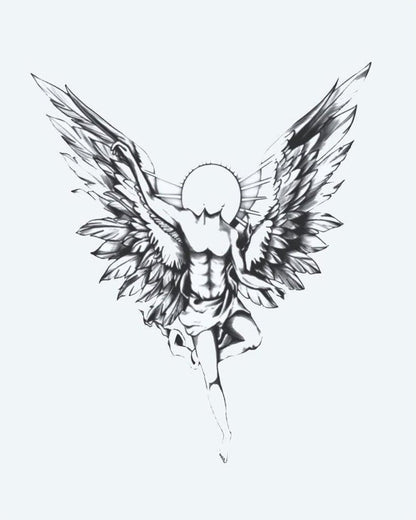 Guardian Angel semi-permanent tattoo design by INKON – majestic, guardian, angel, spread, wings illustration, 4 x 8 in (11x21cm), available at inkon.co