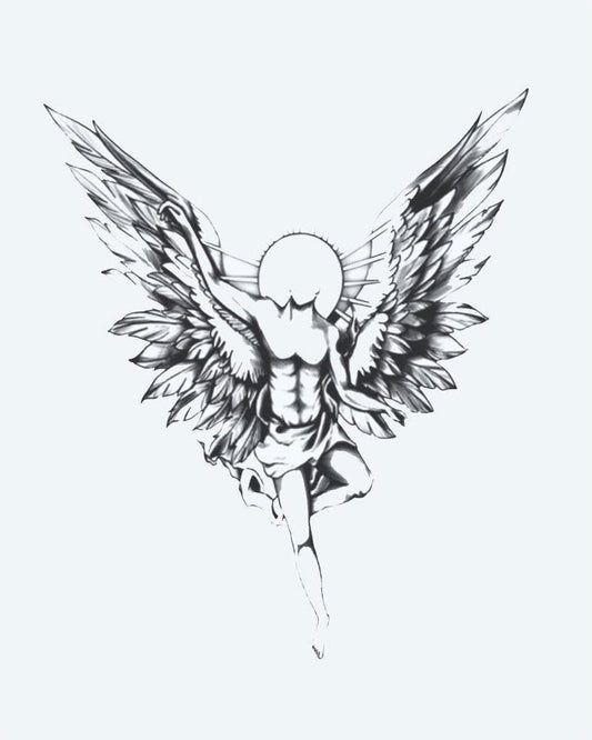 Guardian Angel semi-permanent tattoo design by INKON – majestic, guardian, angel, spread, wings illustration, 4 x 8 in (11x21cm), available at inkon.co