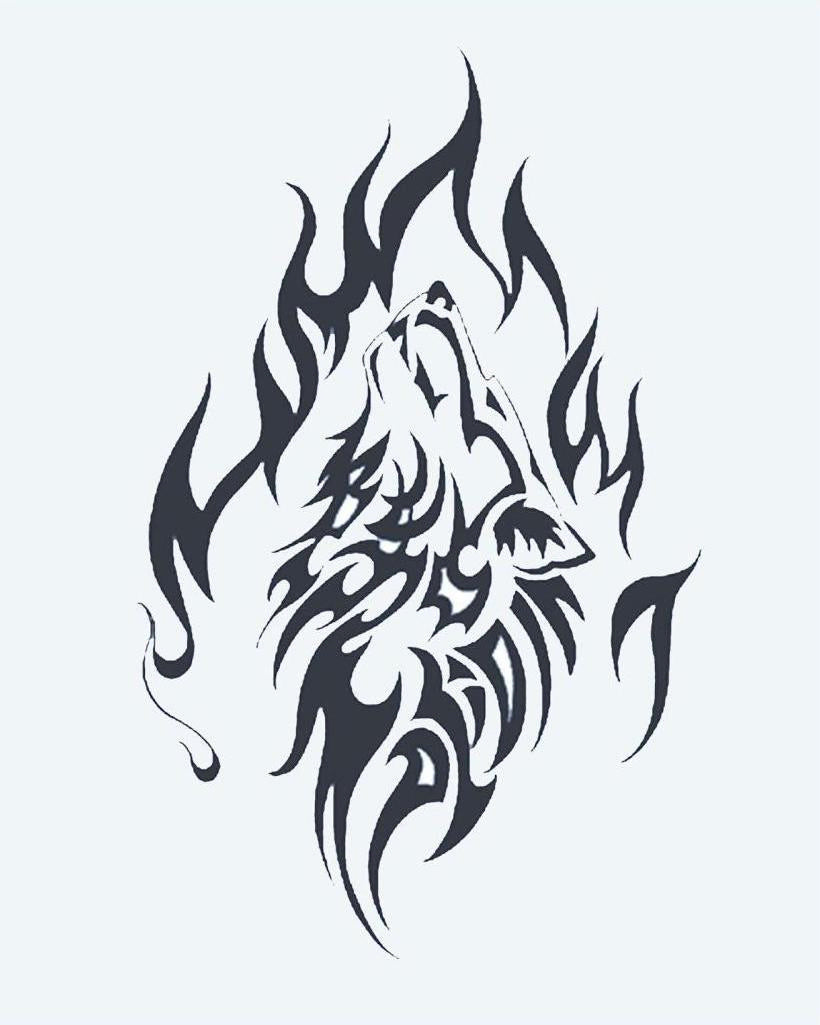 Tribal Howling Wolf semi-permanent tattoo design by INKON – howling, wolf, head, composed, tribal illustration, 4 x 7 in (10x17cm), available at inkon.co