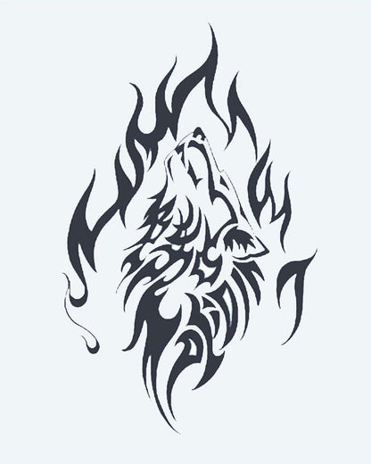Tribal Howling Wolf semi-permanent tattoo design by INKON – howling, wolf, head, composed, tribal illustration, 4 x 7 in (10x17cm), available at inkon.co
