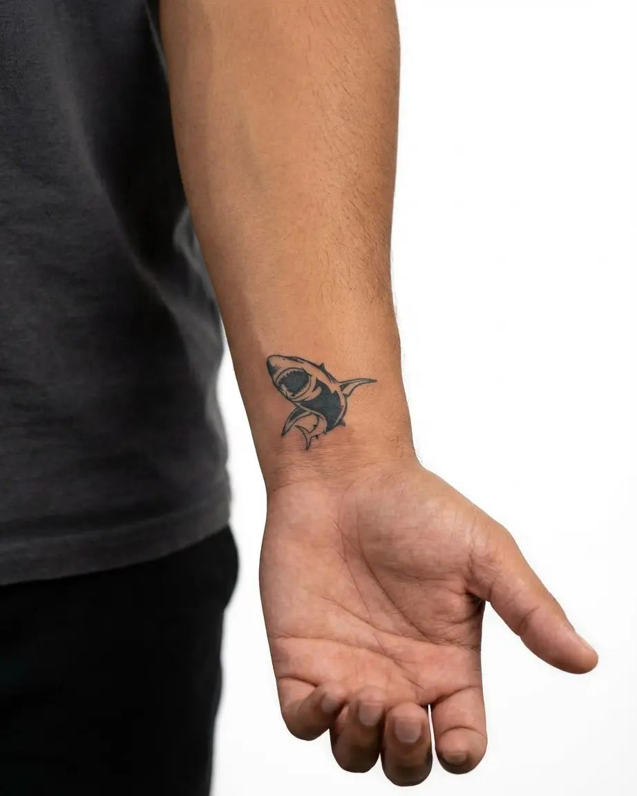 INKON Great White Shark semi-permanent tattoo applied on a man – 2 x 2 in (5x5cm) design, realistic ink look, lasts 10 days