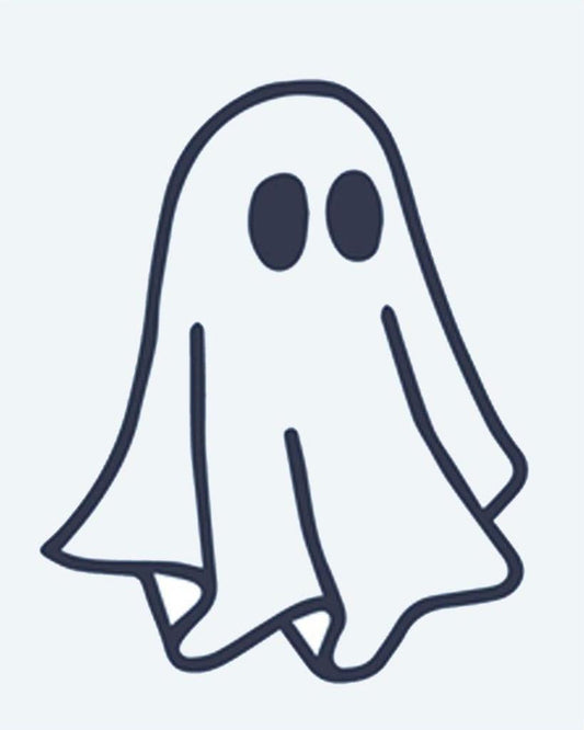 Cute Ghost semi-permanent tattoo design by INKON – adorable, floating, ghost, oval, eyes illustration, 2 x 2 in (5x5cm), available at inkon.co