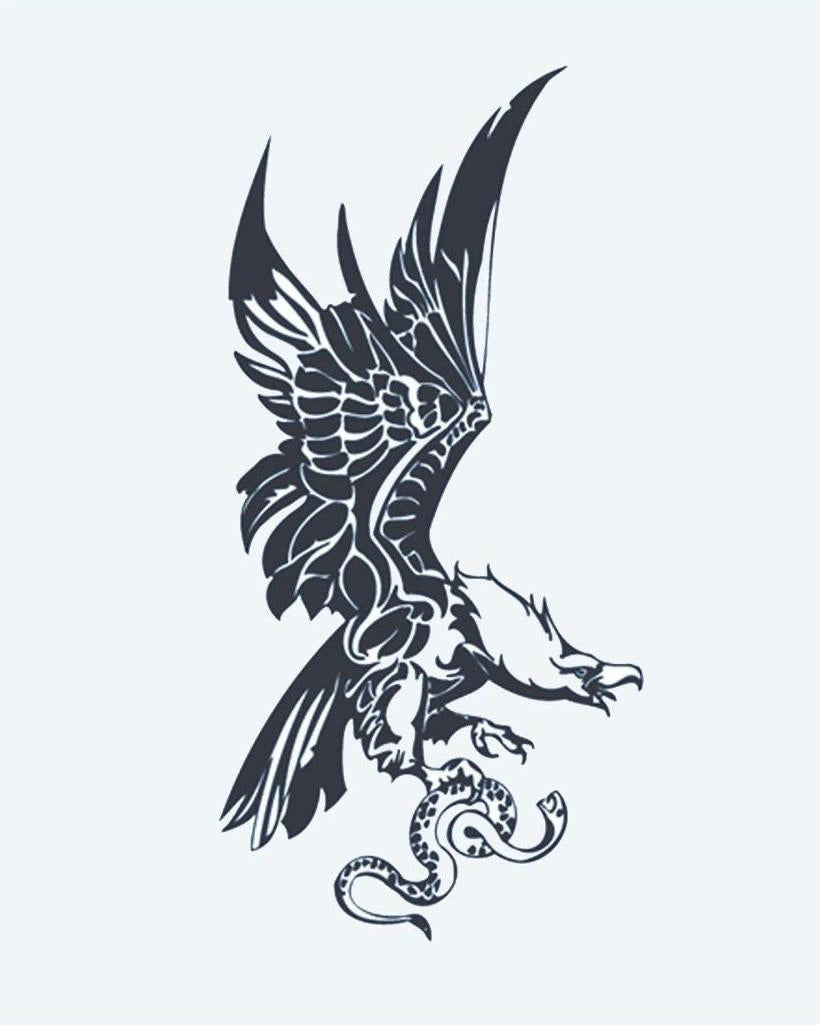 Eagle & Snake semi-permanent tattoo design by INKON – eagle, swooping, down, catch, serpent illustration, 4 x 7 in (10x17cm), available at inkon.co