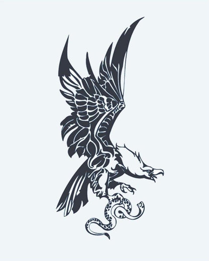 Eagle & Snake semi-permanent tattoo design by INKON – eagle, swooping, down, catch, serpent illustration, 4 x 7 in (10x17cm), available at inkon.co