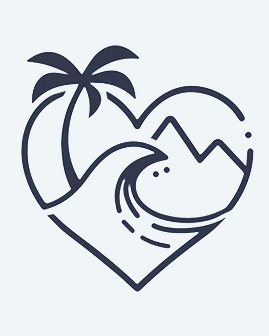 Beach Heart semi-permanent tattoo design by INKON – heart, shaped, scene, palm, tree illustration, 2 x 2 in (5x5cm), available at inkon.co