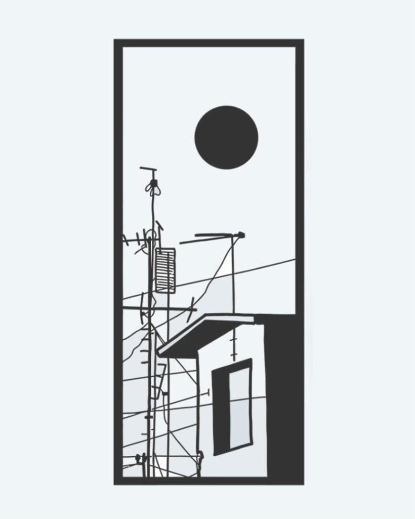 Urban Rooftop Scene semi-permanent tattoo design by INKON – minimalist, city, rooftop, antennas, power illustration, 3 x 4 in (6x11cm), available at inkon.co