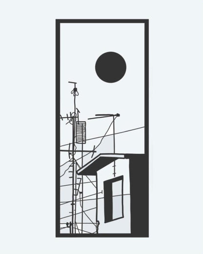 Urban Rooftop Scene semi-permanent tattoo design by INKON – minimalist, city, rooftop, antennas, power illustration, 3 x 4 in (6x11cm), available at inkon.co