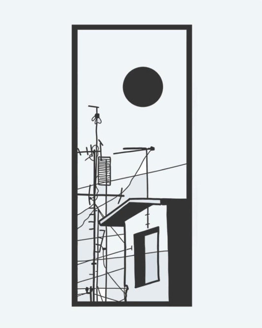 Urban Rooftop Scene semi-permanent tattoo design by INKON – minimalist, city, rooftop, antennas, power illustration, 3 x 4 in (6x11cm), available at inkon.co