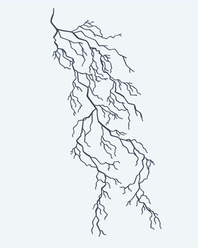 Lightning Bolt semi-permanent tattoo design by INKON – branching, lightning, bolt, fine, electrical illustration, 4 x 7 in (10x17cm), available at inkon.co