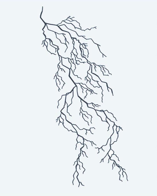 Lightning Bolt semi-permanent tattoo design by INKON – branching, lightning, bolt, fine, electrical illustration, 4 x 7 in (10x17cm), available at inkon.co