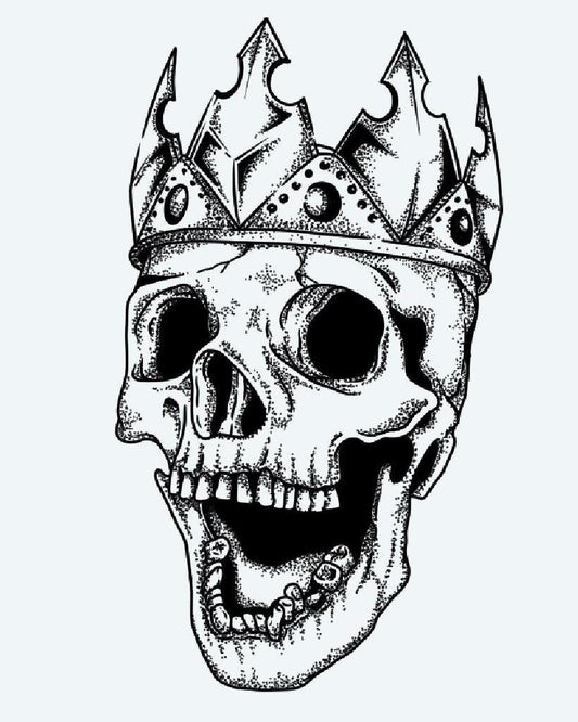 Crowned Skull semi-permanent tattoo design by INKON – human, skull, wearing, jeweled, crown illustration, 4 x 7 in (10x17cm), available at inkon.co