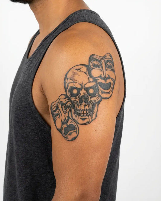INKON Skull & Drama Masks semi-permanent tattoo applied on a man – 4 x 7 in (10x17cm) design, realistic ink look, lasts 10 days